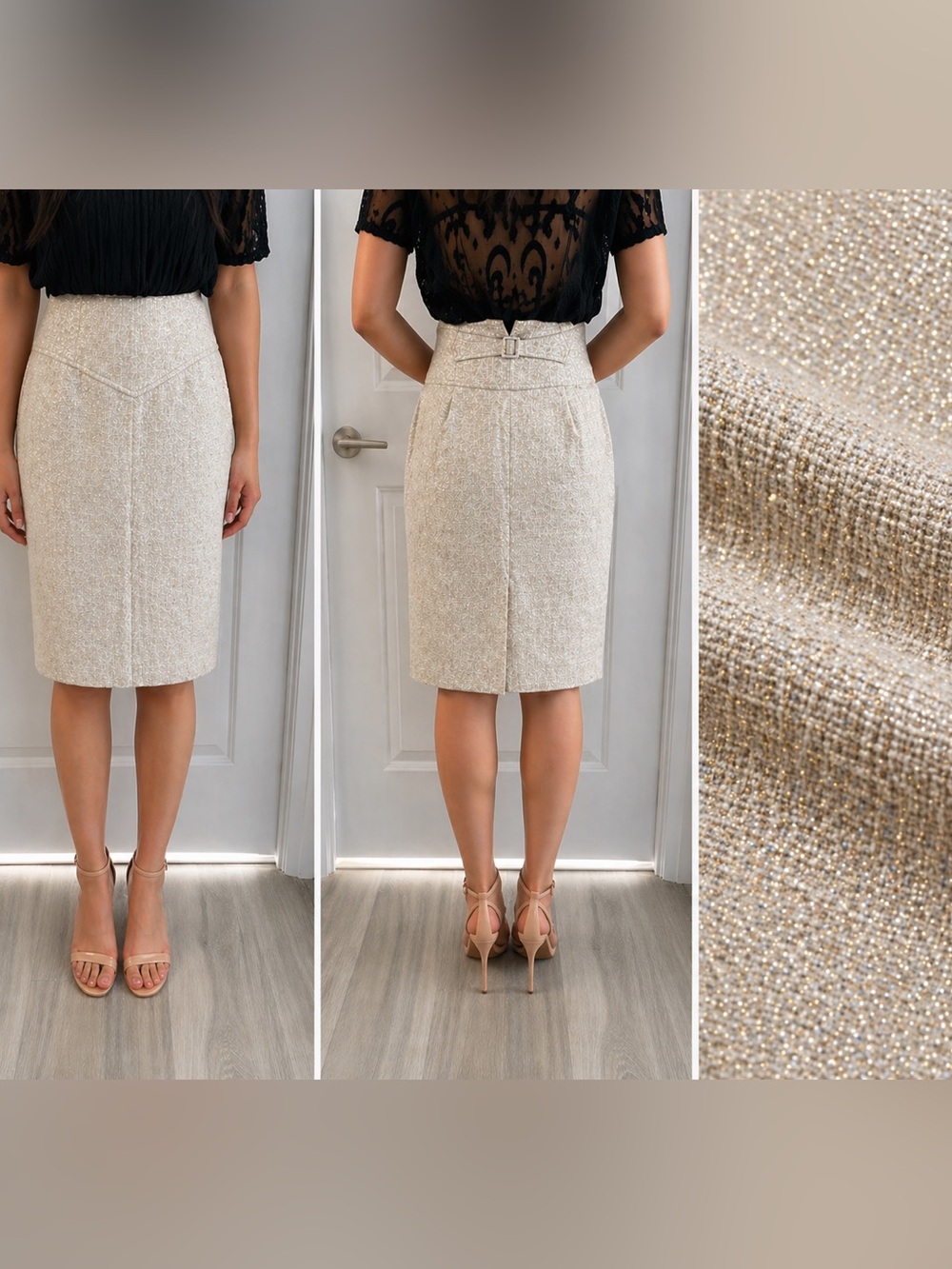 Shimmering pencil skirt.